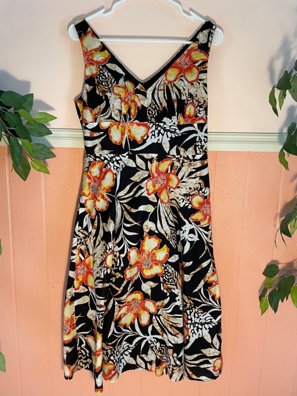 Jones New York Sport Black Floral Midi Dress with Orange & Yellow Hawaiian Print